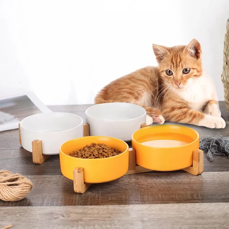 Cuenco de cerámica para mascotas, plato con soporte de madera, sin derrames, cuenco doble de cerámica para mascotas, comida para perros y gatos, alimentador de agua, cuenco para perros pequeños y mascotas