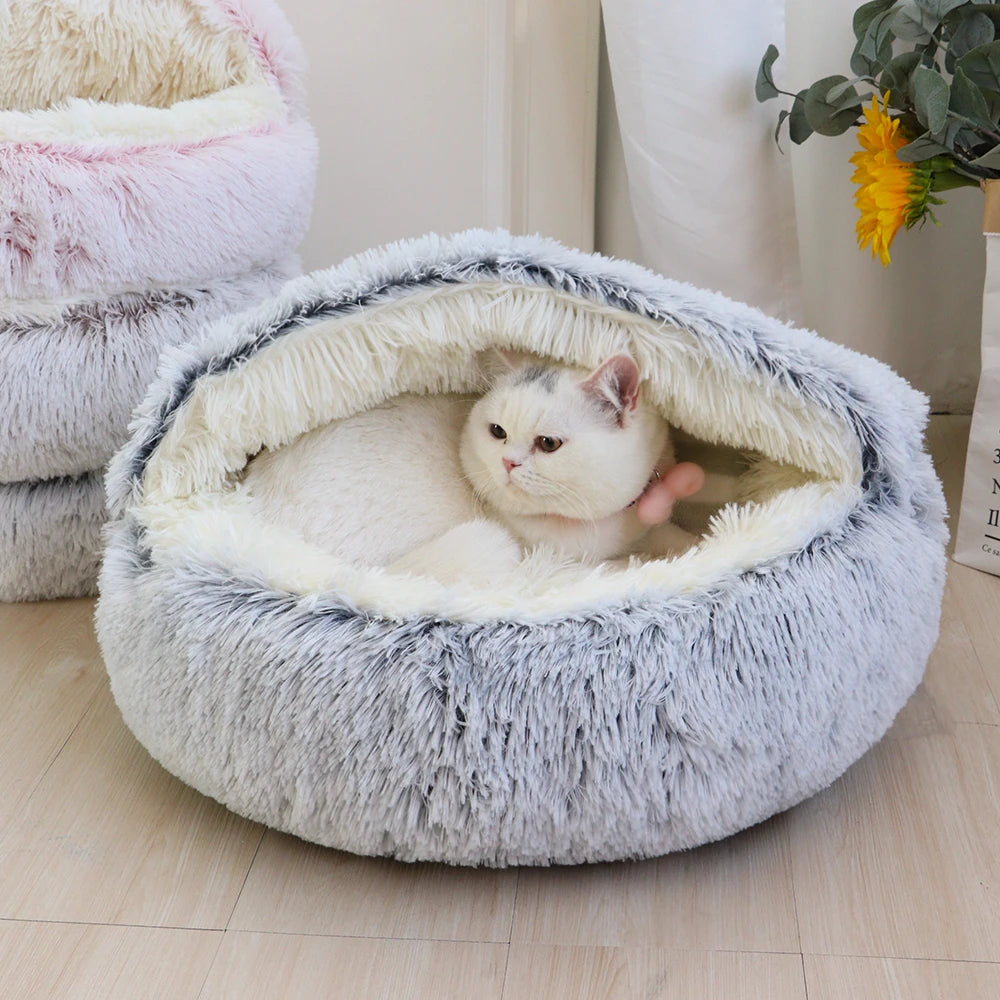 Soft Plush Round Cat Bed Winter Warm Long Plush Cat Cushion House 2 In 1 Sleeping Nest Kennel For Small Dogs Cats Accessories