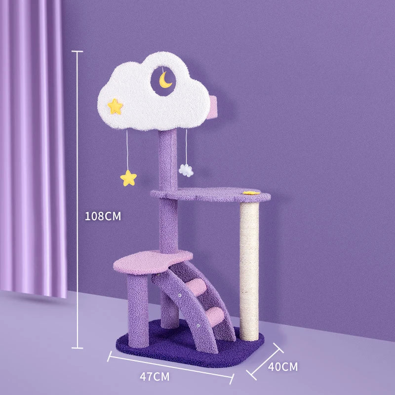 Marco de escalada para gato púrpura, nido para gato, árbol para rascar, columna, torre grande para gato, tabla para rascar, juguetes, plataforma de salto, cama de villa