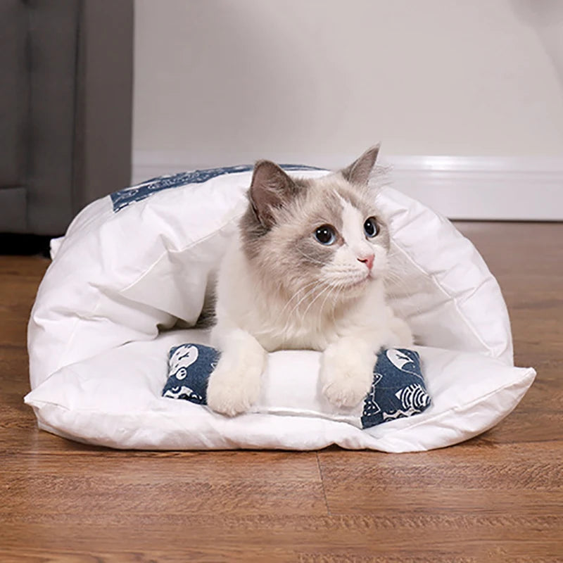 Cama para gatos japonesa, saco de dormir cálido para gatos, cueva para dormir profundo, cama extraíble para invierno para mascotas, cojín tipo nido para perros y gatos con almohada