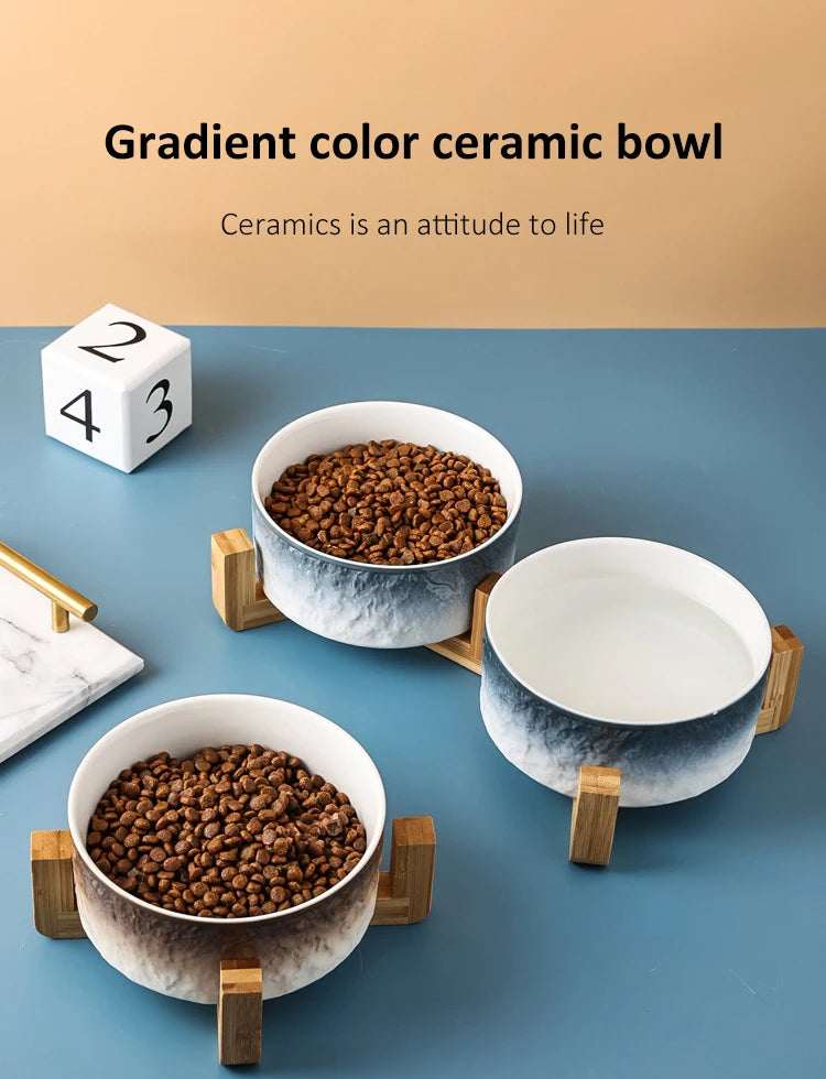 850ml Cat Ceramic Bowl Double Pet Food Water Feeders Gradient Dogs Drinking Eating Bowls with Wooden Stand