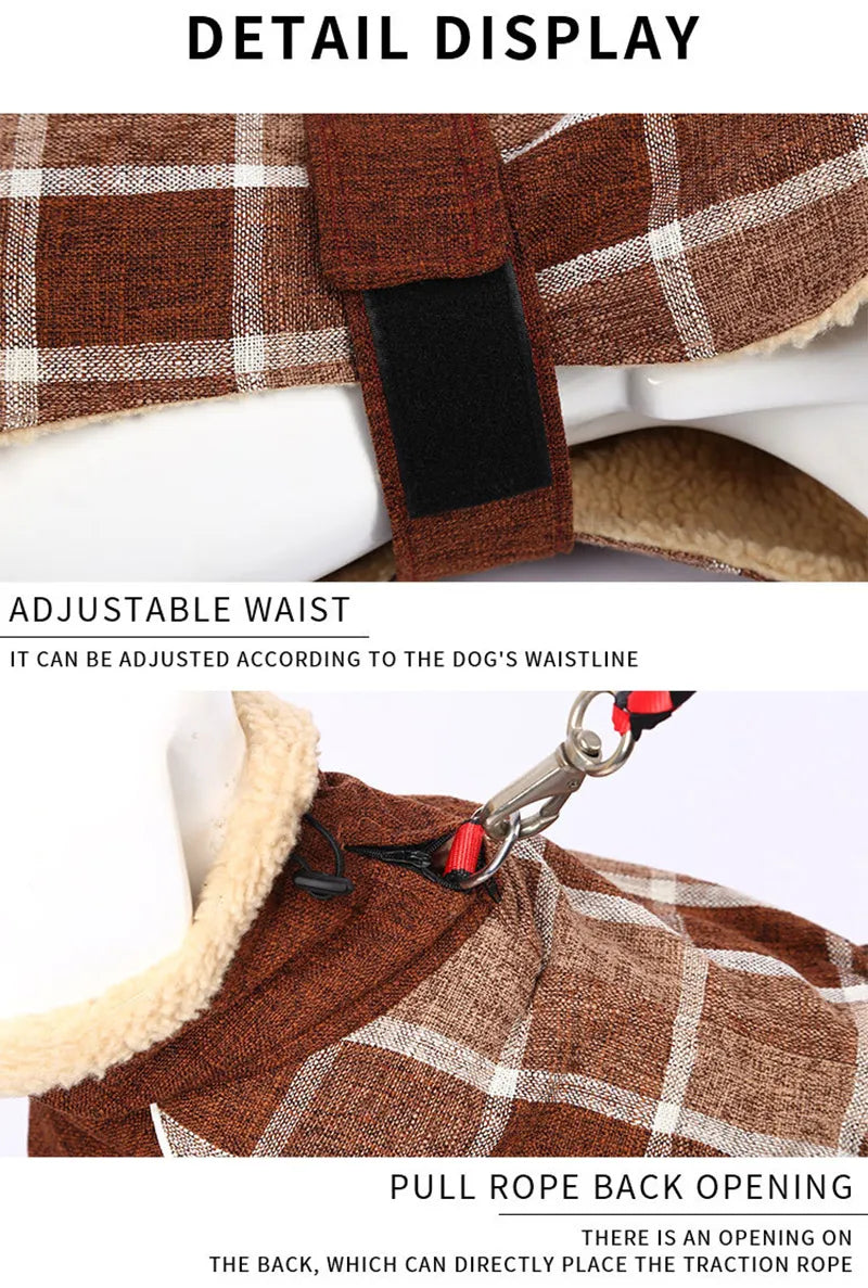 Warm Fleece Winter Big Dog Clothes Fashion Plaid Print  Pet Jacket with Belt for Medium Large Dogs Greyhound Weimaraner Clothing Fashion Style