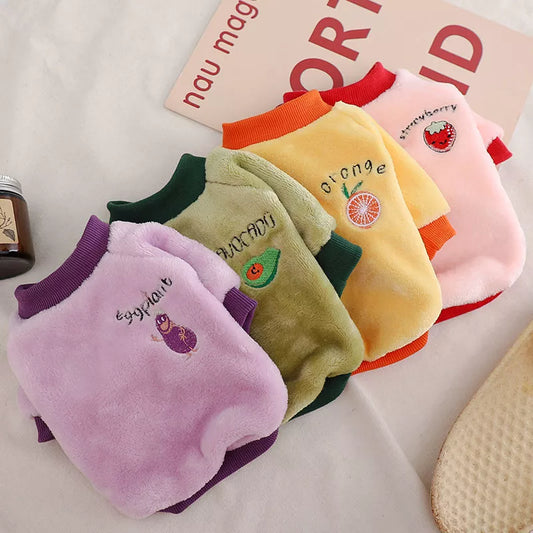 Warm Fleece Pet Clothes Cute Fruit Print Coat Small Medium Dog Cat Shirt Jacket Teddy French Bulldog Chihuahua Winter Outfit Fashion Style