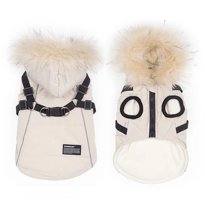 Vêtements d'hiver pour chiens, Parka de luxe avec col en fourrure pour petits chiens, imperméable, rembourré, chaud, veste pour animaux de compagnie avec harnais et fermeture éclair