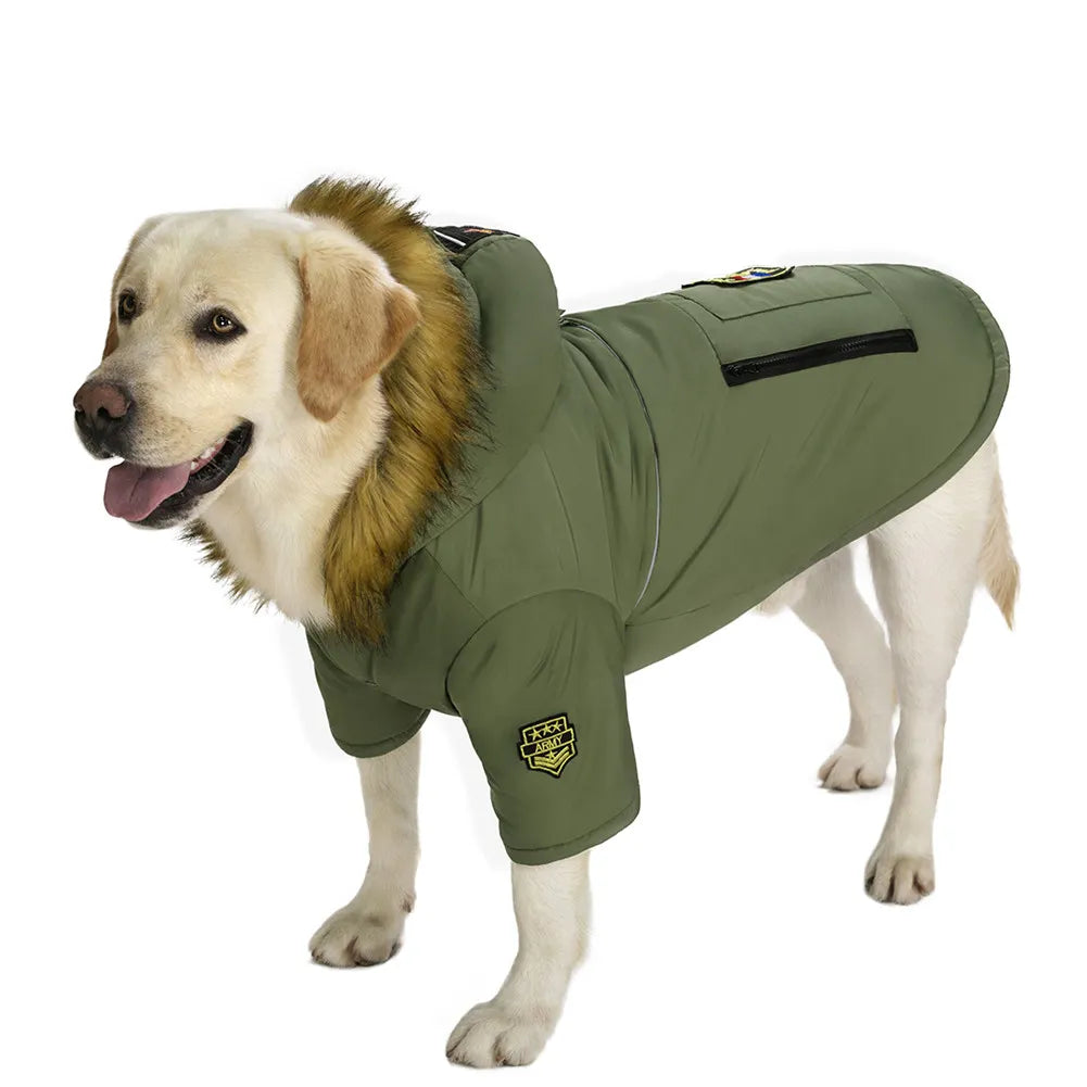 Chaqueta cálida de invierno con capucha para perro, ropa impermeable con Cuello de piel para perro, ropa navideña con insignia, perro más grueso para perros grandes