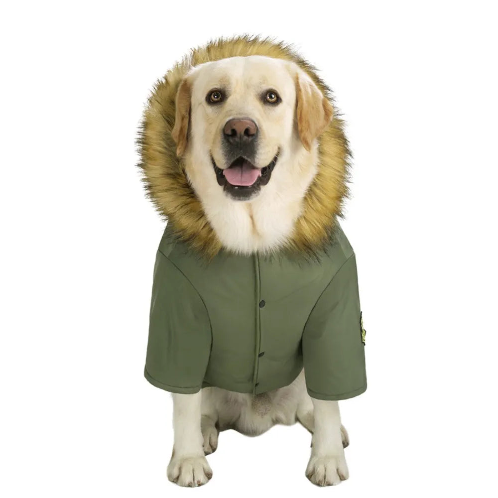 Chaqueta cálida de invierno con capucha para perro, ropa impermeable con Cuello de piel para perro, ropa navideña con insignia, perro más grueso para perros grandes