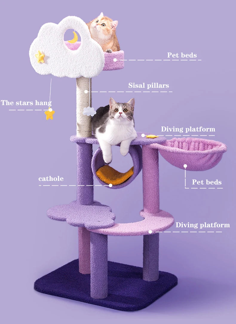 Marco de escalada para gato púrpura, nido para gato, árbol para rascar, columna, torre grande para gato, tabla para rascar, juguetes, plataforma de salto, cama de villa