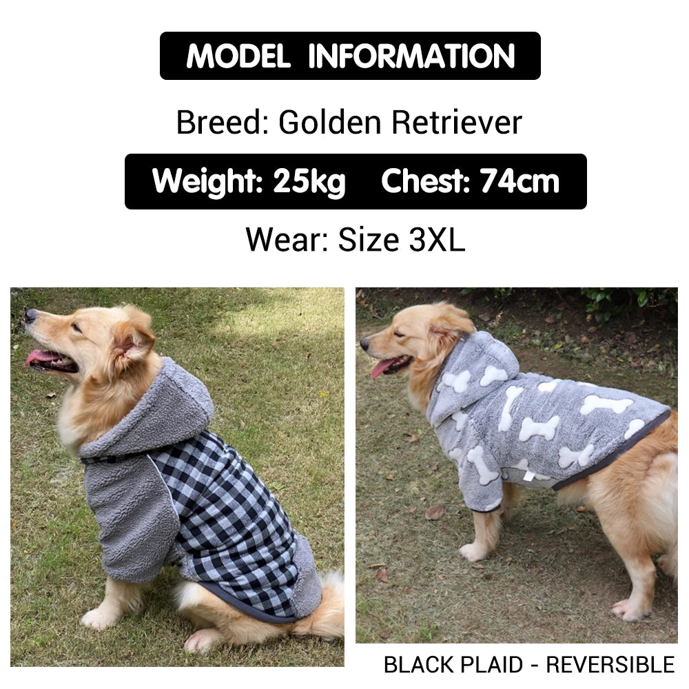 Winter Dog Clothes Plaid Reversible Thick Dog Coats for Small Medium Large Dogs Super Soft Warm Pet Clothing with Removable Hood Fashion Style