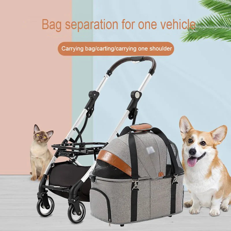 Cochecito para mascotas, transportador para perros, varilla de tracción de tubo de aluminio, carrito para mascotas para perros, bolsa de coche desmontable, coche de transporte plegable de viaje