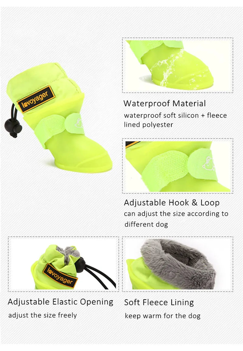 4pcs/Set Dog Rain Boots Waterproof Dog Rain Shoes Fleece Lined Adjustable Rubber Pet Snow Boots for Small Medium Dogs Anti-Slip