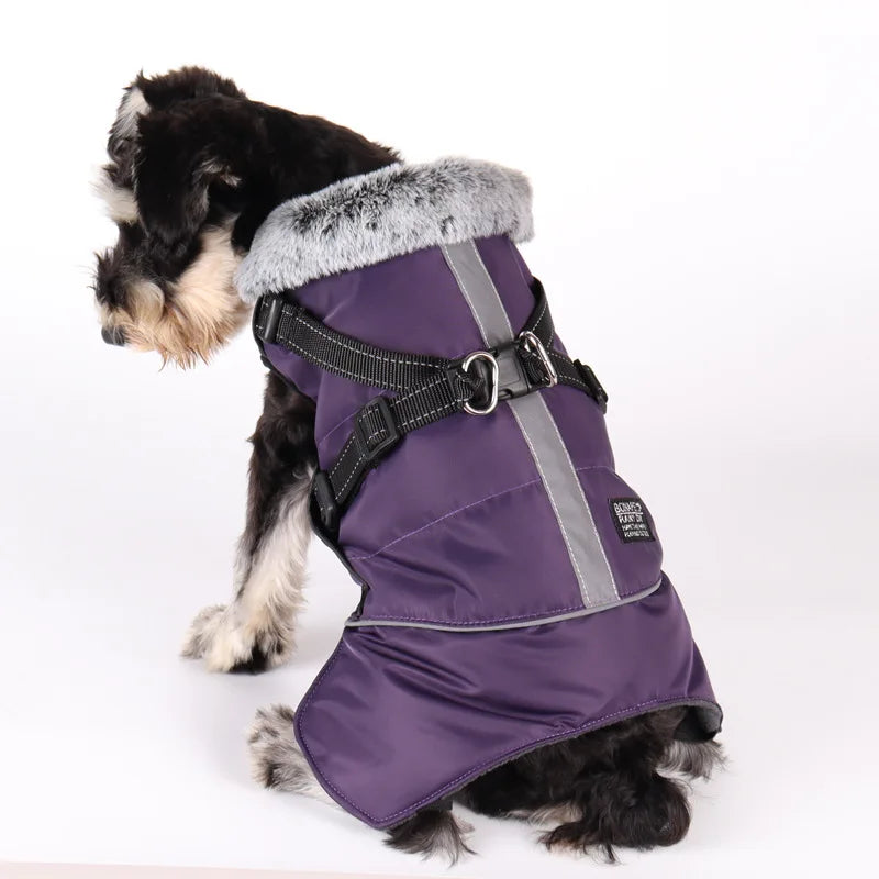 Ropa para perros con Cuello de piel, chaqueta cálida de invierno para exteriores para perros grandes, abrigo acolchado reflectante impermeable para mascotas con arnés, Bulldog Francés