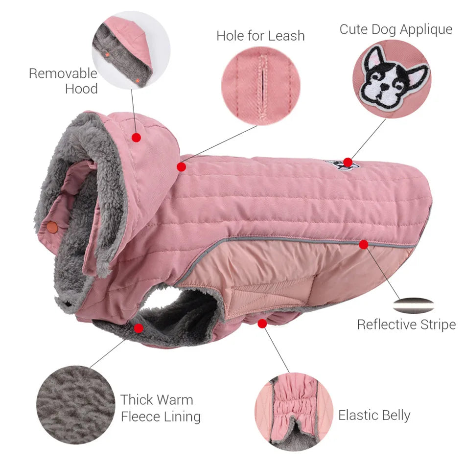 Winter Dog Clothes Thick Fleece Warm Dog Clothing Winter Dog  Jacket Reflective Adjustable Belly Quilted Dog Coat Removable Hood Fashion Style