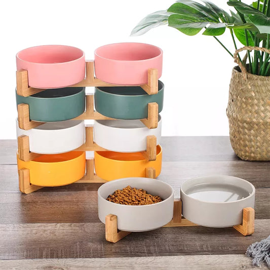 Bol en céramique pour animaux de compagnie, plat avec support en bois, Double bol en céramique pour chiens et chats, distributeur d'eau et de nourriture, pour petits chiens et chats