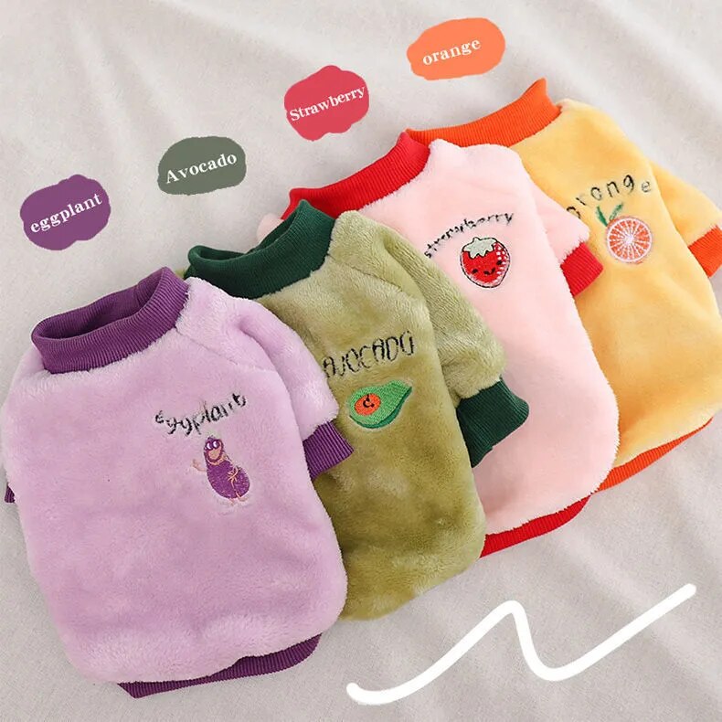 Warm Fleece Pet Clothes Cute Fruit Print Coat Small Medium Dog Cat Shirt Jacket Teddy French Bulldog Chihuahua Winter Outfit Fashion Style