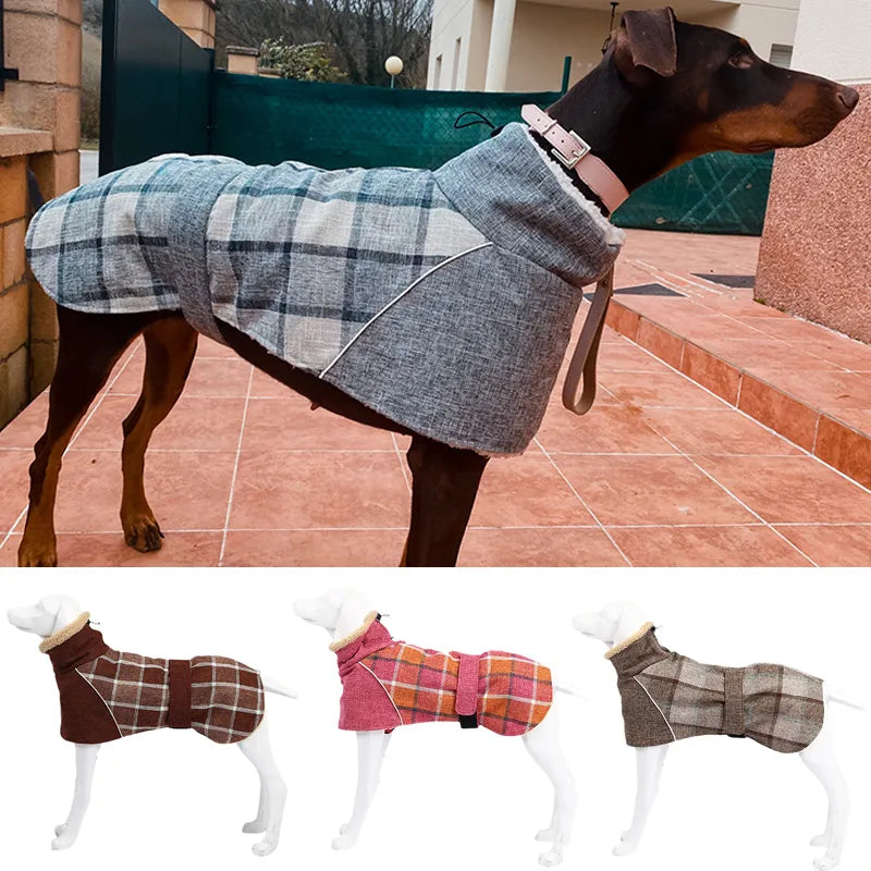 Warm Fleece Winter Big Dog Clothes Fashion Plaid Print  Pet Jacket with Belt for Medium Large Dogs Greyhound Weimaraner Clothing Fashion Style