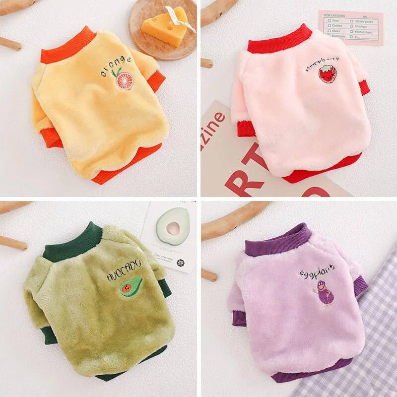 Warm Fleece Pet Clothes Cute Fruit Print Coat Small Medium Dog Cat Shirt Jacket Teddy French Bulldog Chihuahua Winter Outfit Fashion Style