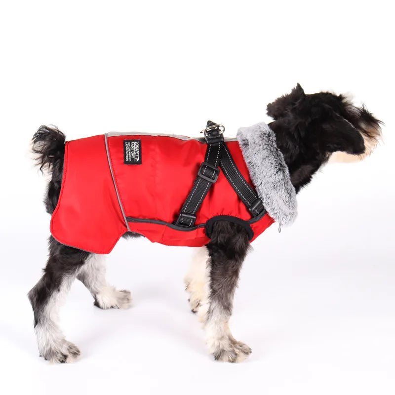 Ropa para perros con Cuello de piel, chaqueta cálida de invierno para exteriores para perros grandes, abrigo acolchado reflectante impermeable para mascotas con arnés, Bulldog Francés