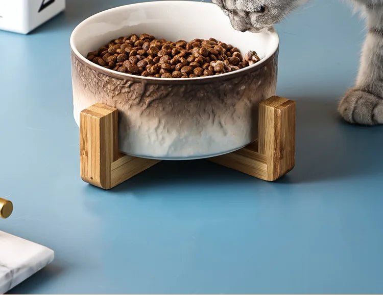 850ml Cat Ceramic Bowl Double Pet Food Water Feeders Gradient Dogs Drinking Eating Bowls with Wooden Stand