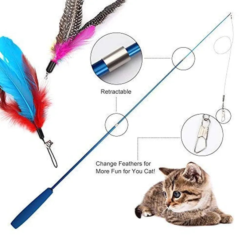 Juguete interactivo con plumas para gatos, varita de palo de pluma, campana de plumas retráctil para mascotas, producto receptor de repuesto para gatito