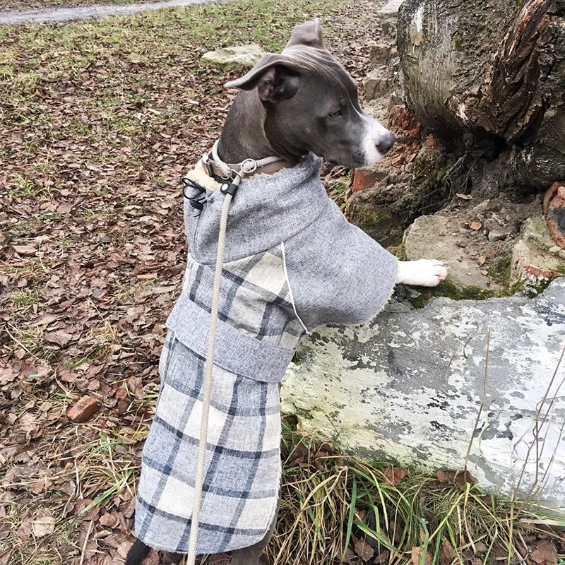 Warm Fleece Winter Big Dog Clothes Fashion Plaid Print  Pet Jacket with Belt for Medium Large Dogs Greyhound Weimaraner Clothing Fashion Style