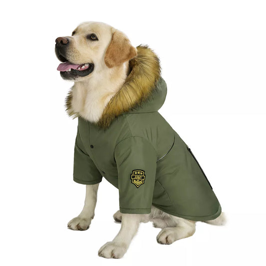 Chaqueta cálida de invierno con capucha para perro, ropa impermeable con Cuello de piel para perro, ropa navideña con insignia, perro más grueso para perros grandes