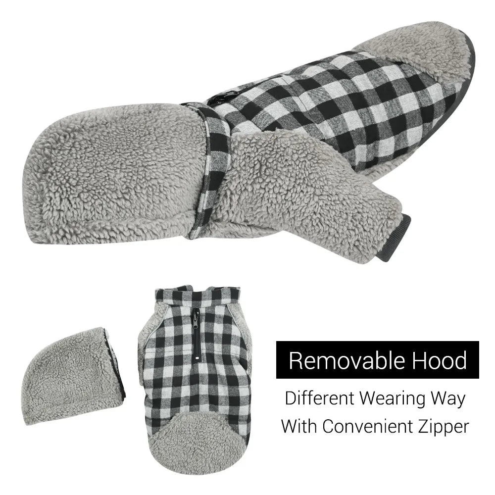 Vêtements d'hiver pour chien à carreaux réversibles épais pour chiens de petite, moyenne et grande taille, vêtements super doux et chauds pour animaux de compagnie avec capuche amovible, style tendance