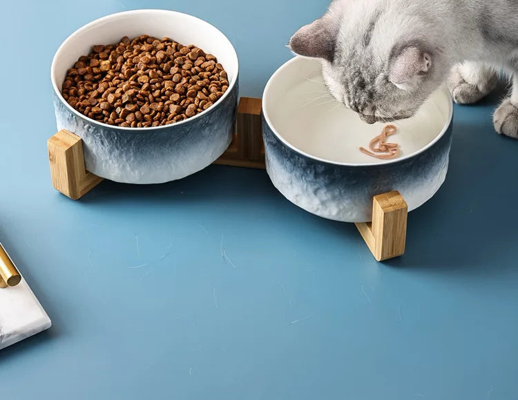 850ml Cat Ceramic Bowl Double Pet Food Water Feeders Gradient Dogs Drinking Eating Bowls with Wooden Stand