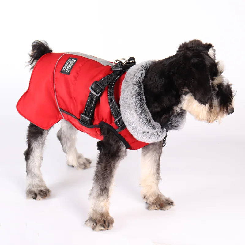 Ropa para perros con Cuello de piel, chaqueta cálida de invierno para exteriores para perros grandes, abrigo acolchado reflectante impermeable para mascotas con arnés, Bulldog Francés