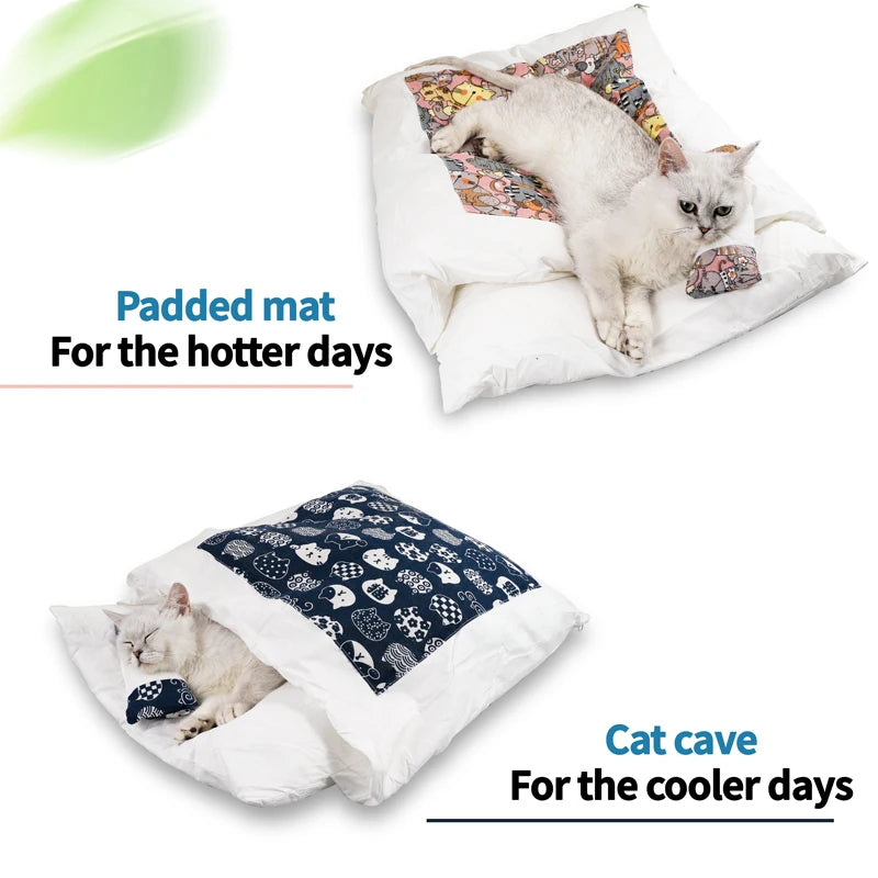 Cama para gatos japonesa, saco de dormir cálido para gatos, cueva para dormir profundo, cama extraíble para invierno para mascotas, cojín tipo nido para perros y gatos con almohada