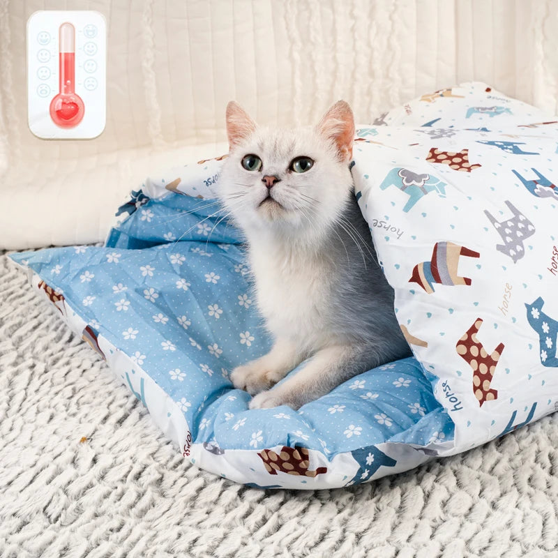 Cama para gatos japonesa, saco de dormir cálido para gatos, cueva para dormir profundo, cama extraíble para invierno para mascotas, cojín tipo nido para perros y gatos con almohada