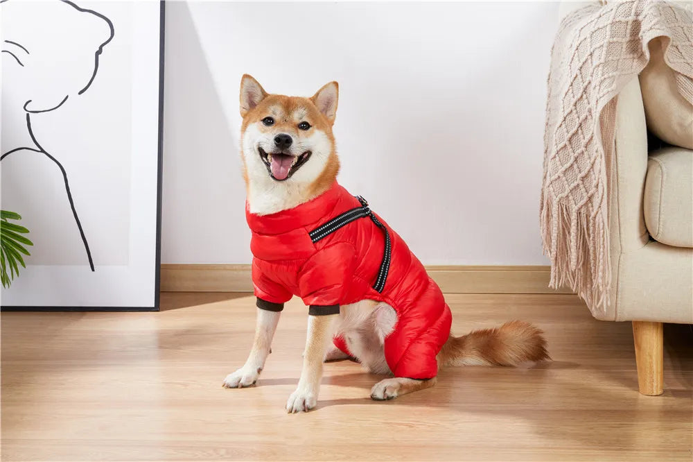 Monos para perros, chaqueta cálida y esponjosa de invierno para perros pequeños y medianos, abrigo impermeable con cremallera y arnés, ropa reflectante para perros