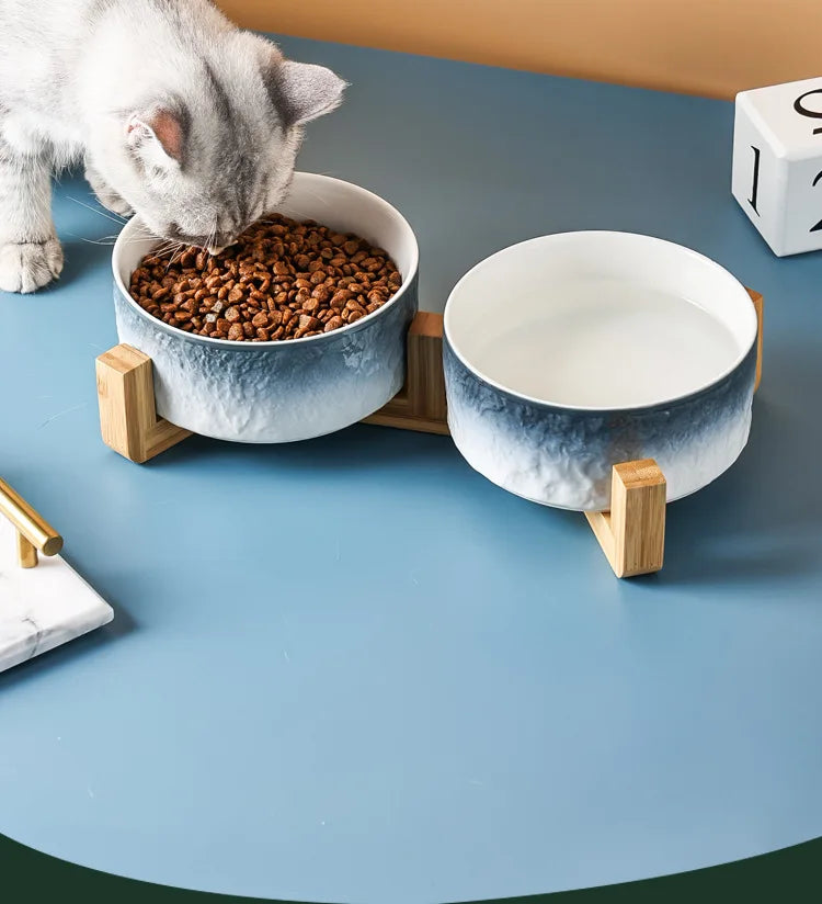 850ml Cat Ceramic Bowl Double Pet Food Water Feeders Gradient Dogs Drinking Eating Bowls with Wooden Stand