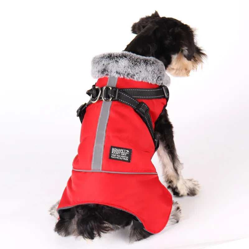 Ropa para perros con Cuello de piel, chaqueta cálida de invierno para exteriores para perros grandes, abrigo acolchado reflectante impermeable para mascotas con arnés, Bulldog Francés