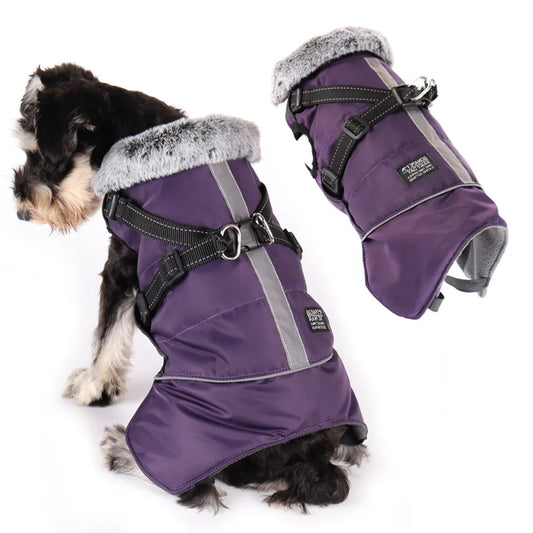 Ropa para perros con Cuello de piel, chaqueta cálida de invierno para exteriores para perros grandes, abrigo acolchado reflectante impermeable para mascotas con arnés, Bulldog Francés