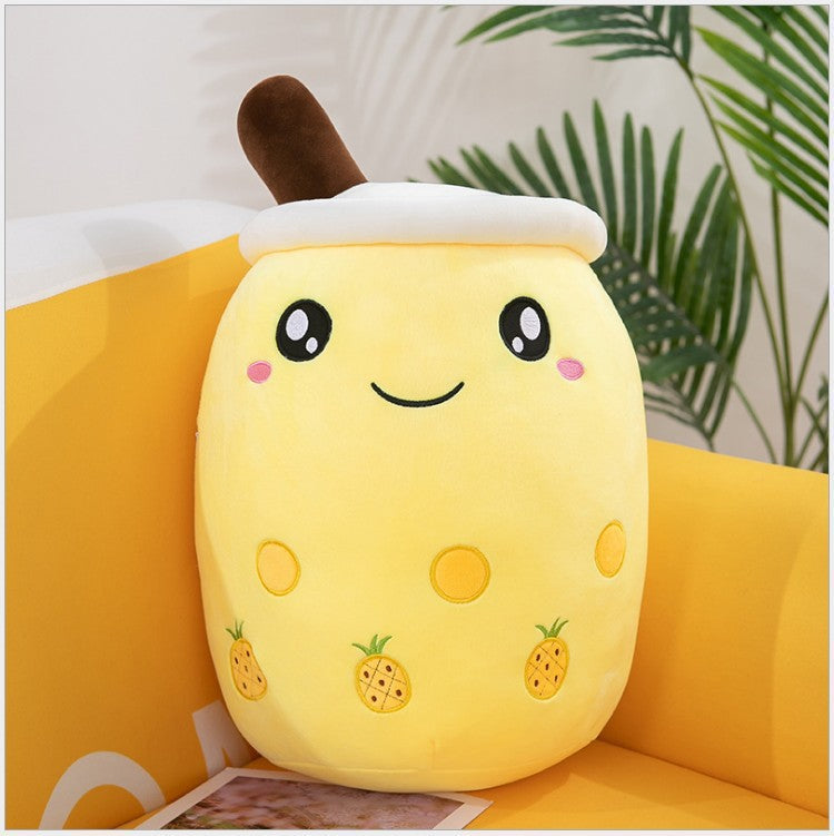 Funda de teléfono de cuero con forma de taza de té con leche de fruta, juguete de peluche