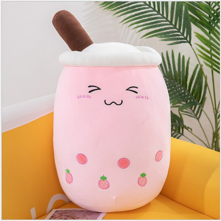 Funda de teléfono de cuero con forma de taza de té con leche de fruta, juguete de peluche