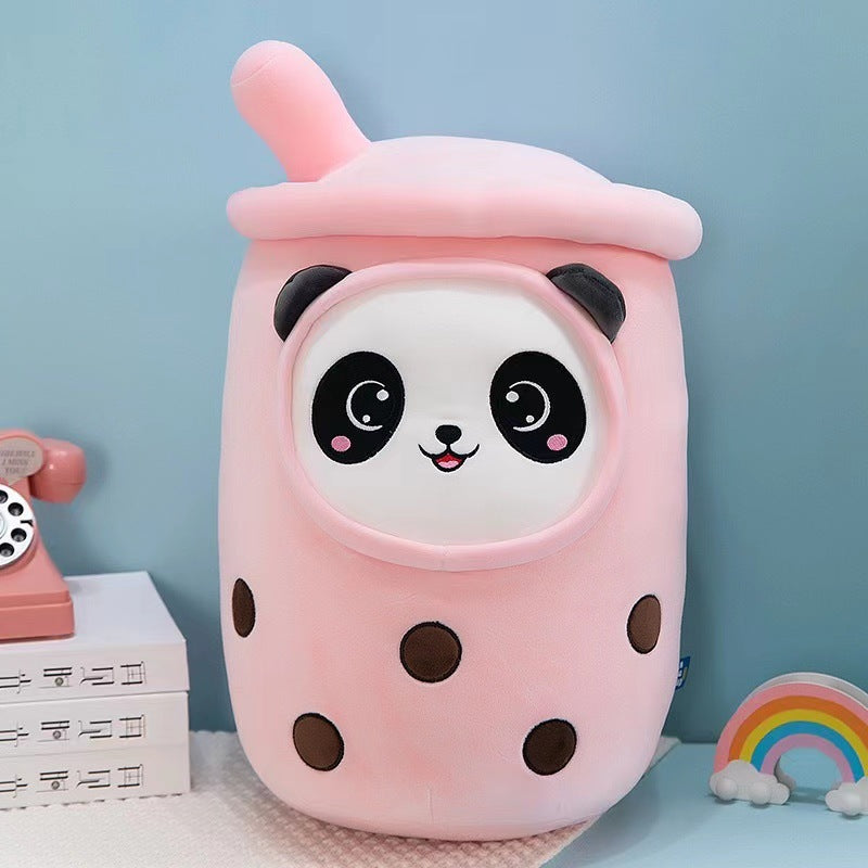 Funda de teléfono de cuero con forma de taza de té con leche de fruta, juguete de peluche