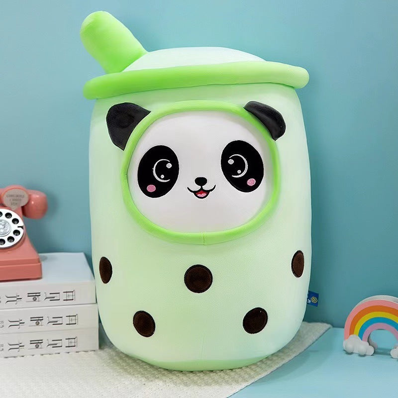 Funda de teléfono de cuero con forma de taza de té con leche de fruta, juguete de peluche