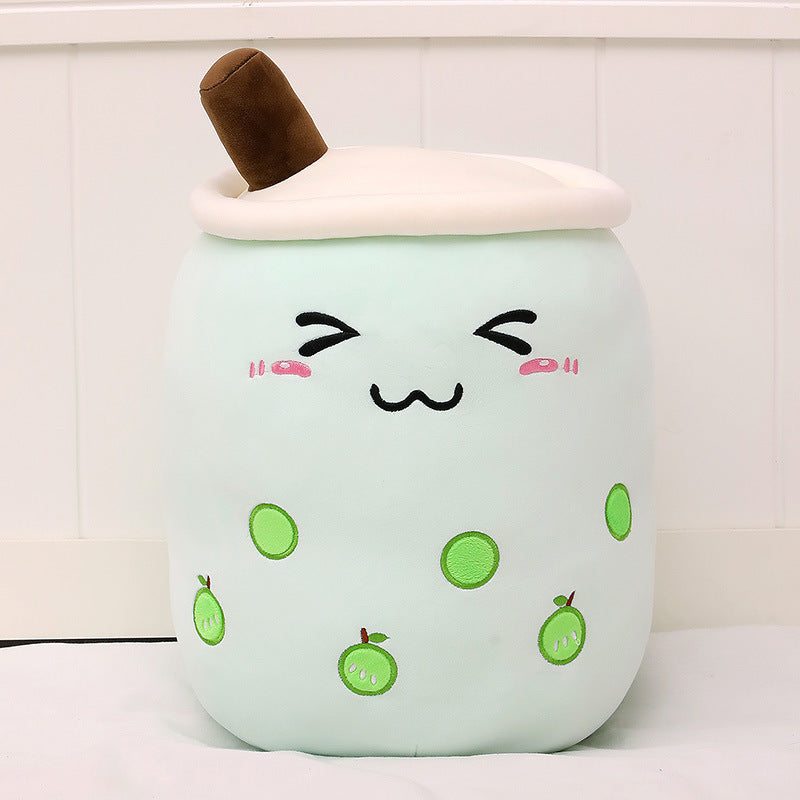 Funda de teléfono de cuero con forma de taza de té con leche de fruta, juguete de peluche