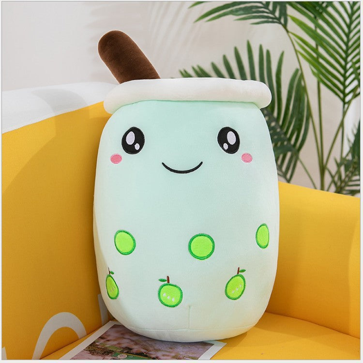 Funda de teléfono de cuero con forma de taza de té con leche de fruta, juguete de peluche