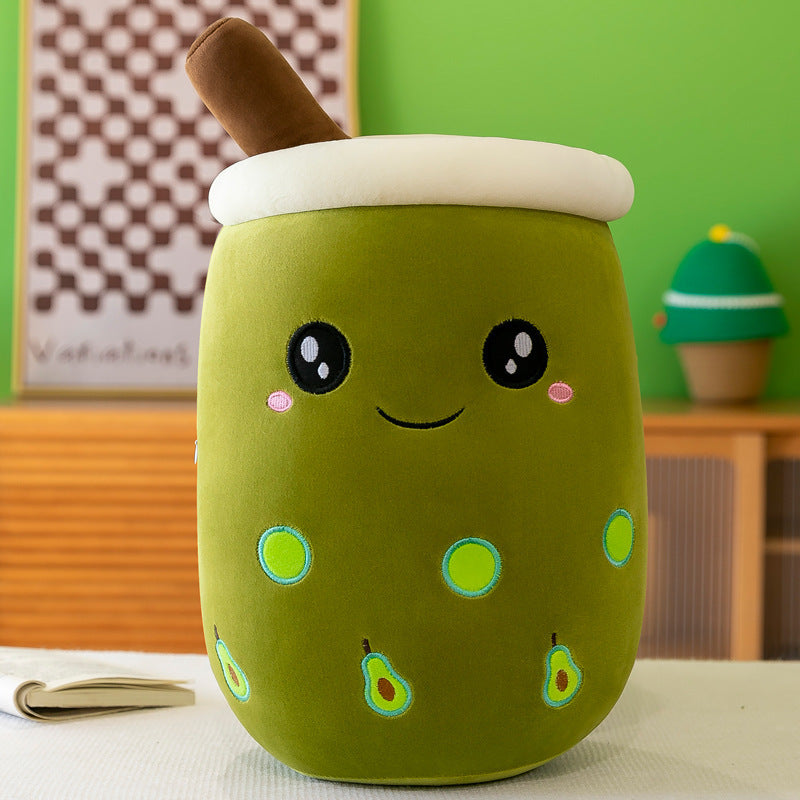 Funda de teléfono de cuero con forma de taza de té con leche de fruta, juguete de peluche