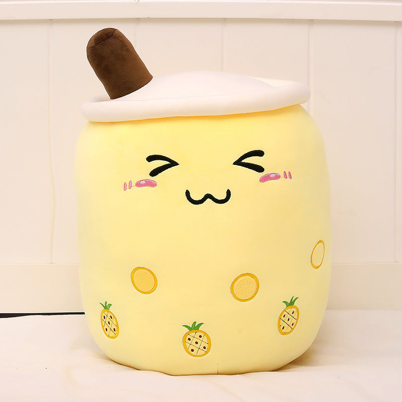 Funda de teléfono de cuero con forma de taza de té con leche de fruta, juguete de peluche