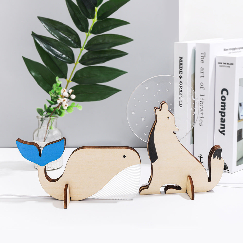 Luz LED nocturna de animales, mesa acrílica de madera, luces USB decorativas para niños, bebés, lámpara de noche para niños, pelícano, Sirio, ballena, tucán