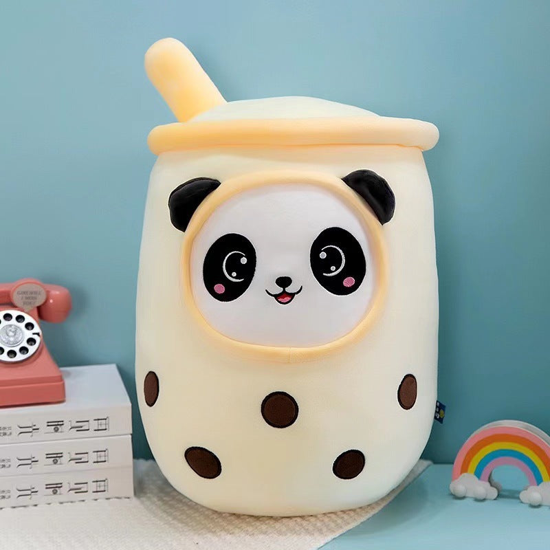 Funda de teléfono de cuero con forma de taza de té con leche de fruta, juguete de peluche