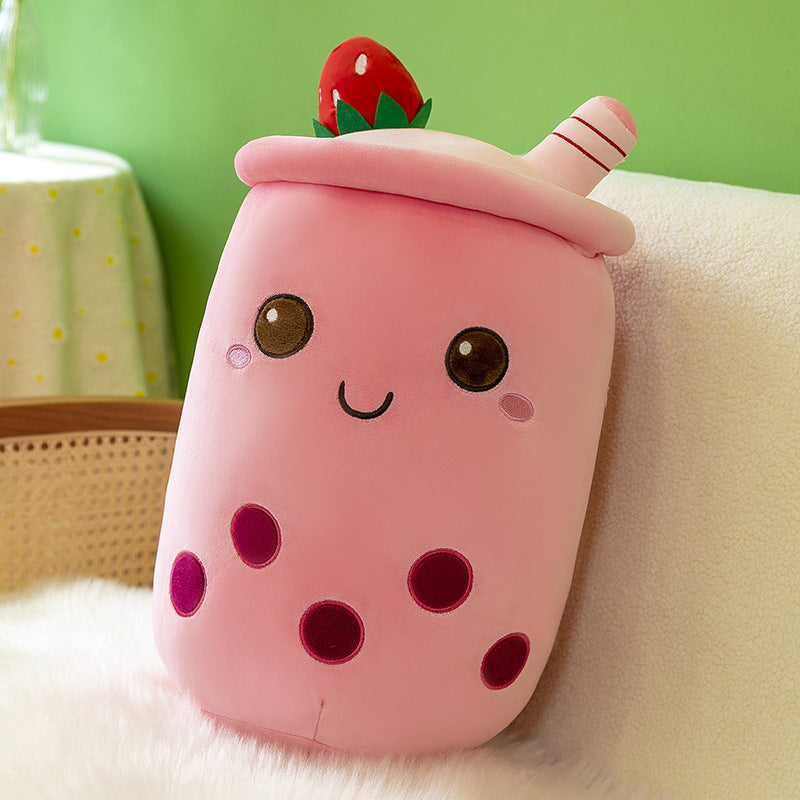 Funda de teléfono de cuero con forma de taza de té con leche de fruta, juguete de peluche