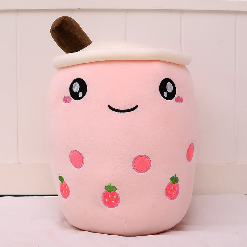 Funda de teléfono de cuero con forma de taza de té con leche de fruta, juguete de peluche