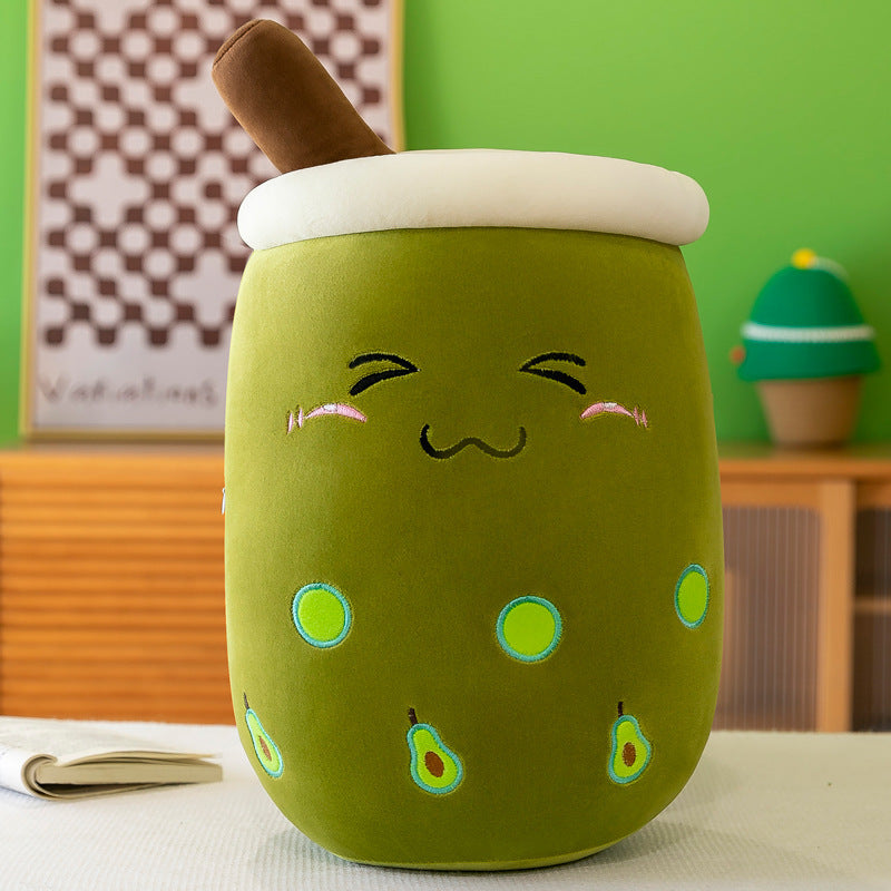 Funda de teléfono de cuero con forma de taza de té con leche de fruta, juguete de peluche