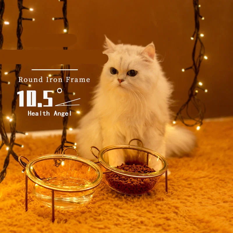 Nouveau chat mignon distributeur de nourriture pour animaux de compagnie verre chien Double bol bols pour animaux de compagnie avec support doré bols pour chat surélevés bol d'eau pour chien