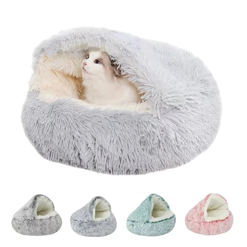 Lit d'hiver Long en peluche pour animal de compagnie, coussin rond pour chat, panier chaud pour chat, sac de couchage, nid de chat, chenil 2 en 1 pour petit chien et chat