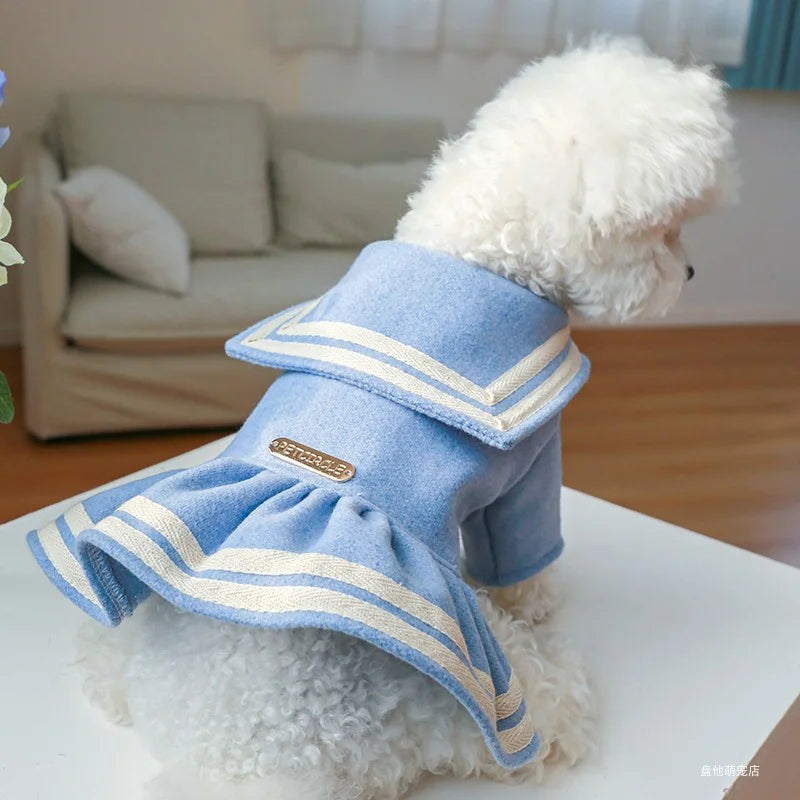 1PC vêtements pour animaux de compagnie chat chien automne et hiver épaissi chaud bleu or étiquette robe de princesse adapté aux chiens de petite et moyenne taille